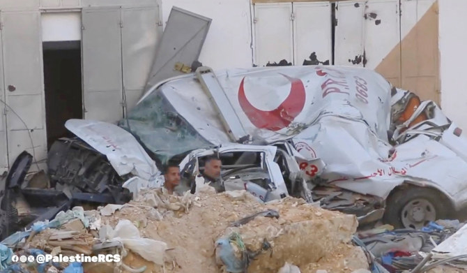 A destroyed ambulance is seen amidst the rubble outside the damaged PRCS Al-Amal Hospital, amid the ongoing conflict between Israel and Palestinian Islamist group Hamas, in Khan Younis, Gaza April 7, 2024, as seen in this screen grab taken from a handout video. (REUTERS)