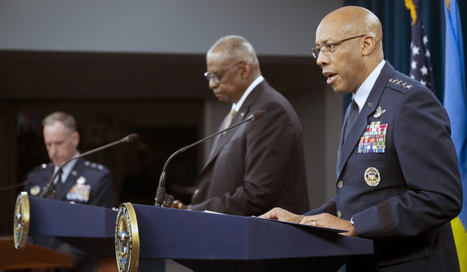 Chairman of the Joint Chiefs of Staff Gen. CQ Brown Jr., right, speaks during a press briefing with Defense Secretary Lloyd Austin, center, and Pentagon Press Secretary Maj. Gen. Pat Ryder, left, on Friday, April 26, 2024 at the Pentagon in Washington. (AP)