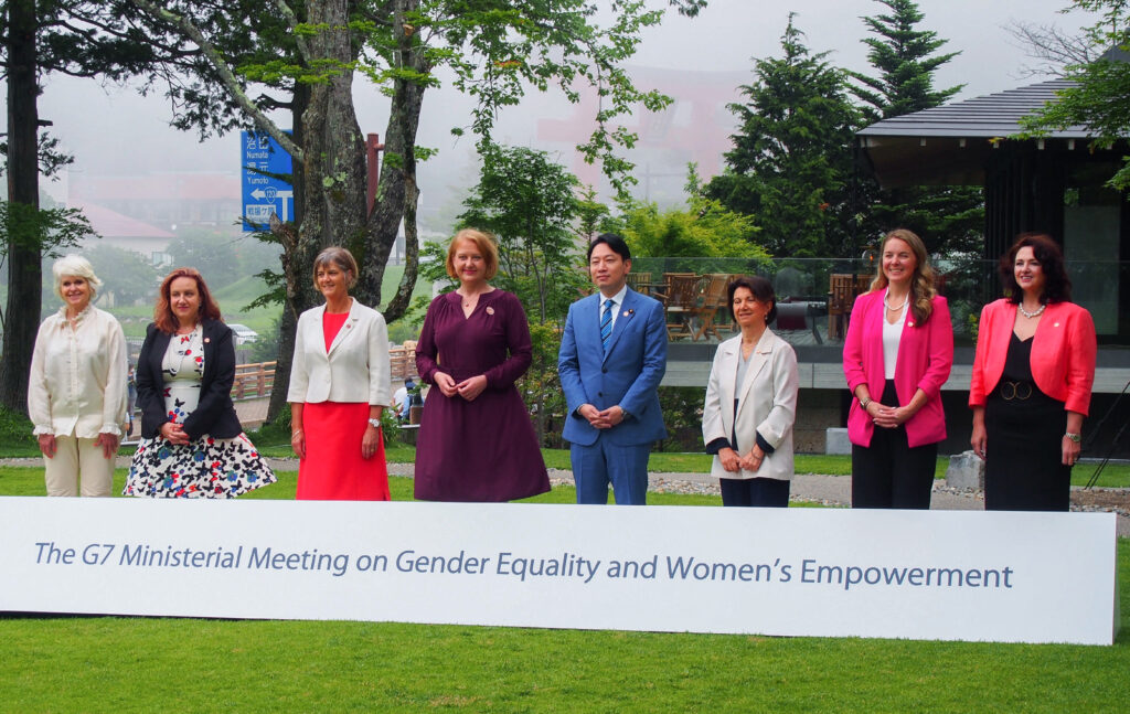 Participants of G7 Ministerial Meeting on Gender Equality and Women's Empowerment pose for a group photo in Nikko city of Tochigi prefecture on June 25, 2023. (Photo by JIJI PRESS / AFP)