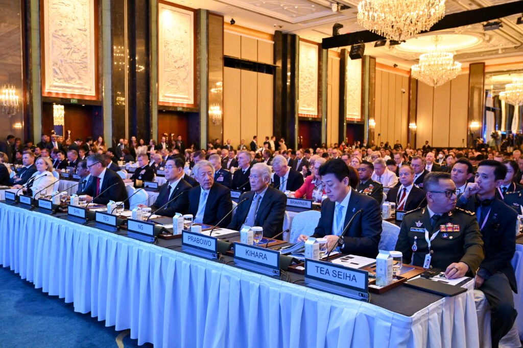 Cambodia's Defence Minister Tea Seiha, Japan's Defence Minister Minoru Kihara, Singapore's Defence Minister Ng Eng Hen, Singapore Senior Minister and Coordinating Minister for National Security Teo Chee Hean and others attend the 21st Shangri-La Dialogue summit in Singapore on June 1. (AFP)