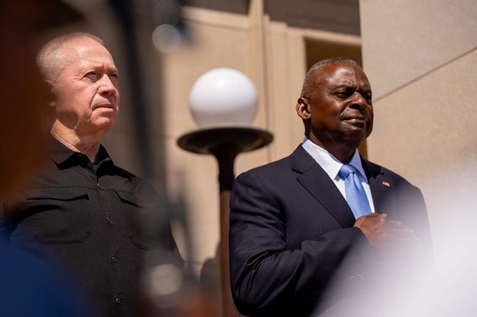 US Secretary of Defense Lloyd Austin and Israeli Defense Minister Yoav Gallant stand during an honor cordon at the Pentagon on June 25, 2024 in Arlington, Virginia. (AFP)