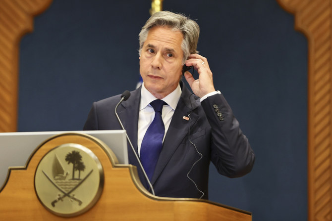 US Secretary of State Antony Blinken speaks at a joint press conference with the Qatari PM Sheikh Mohammed bin Abdulrahman Al-Thani in Doha, Qatar, Wednesday. (AP)