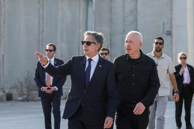 US Secretary of State Antony Blinken gestures as he walks with Israeli Defense Minister Yoav Gallant, at the Kerem Shalom border crossing, Israel, May 1, 2024. (Reuters/file)