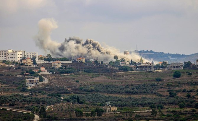 Smoke billows from a site targeted by Israeli shelling in the southern Lebanese border village of Tayr Harfa on July 24, 2024. (AFP)