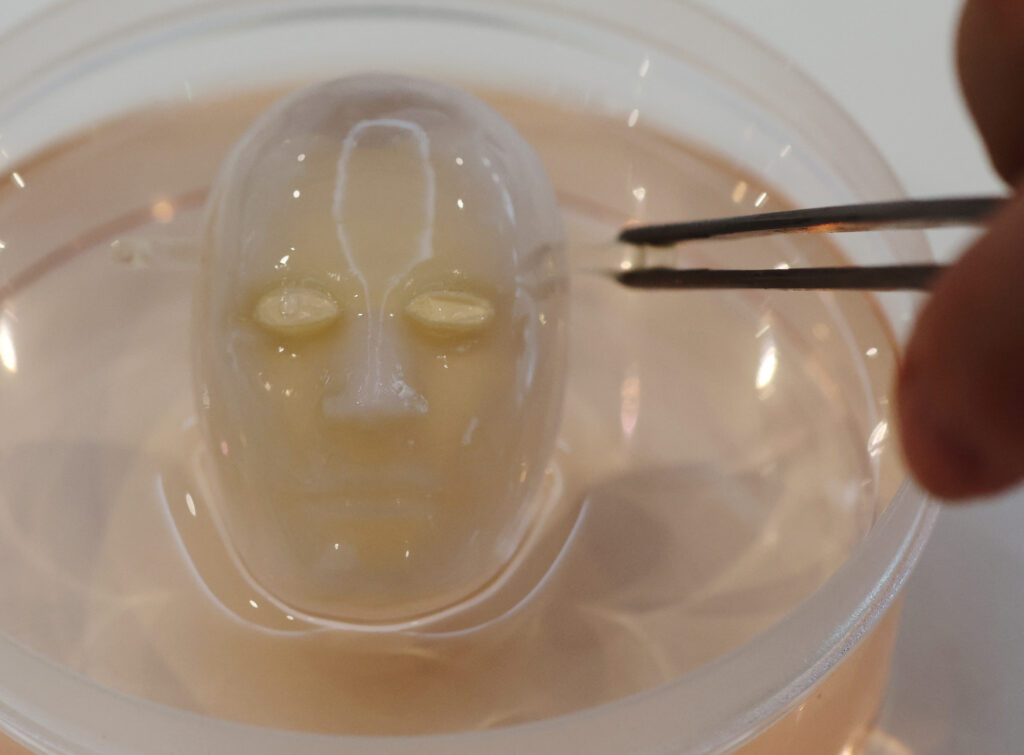 Minghao Nie, a researcher of University of Tokyo shows a face mold covered in human skin tissue at his lab in Tokyo, July 12, 2024. REUTERS/Kim Kyung-Hoon
