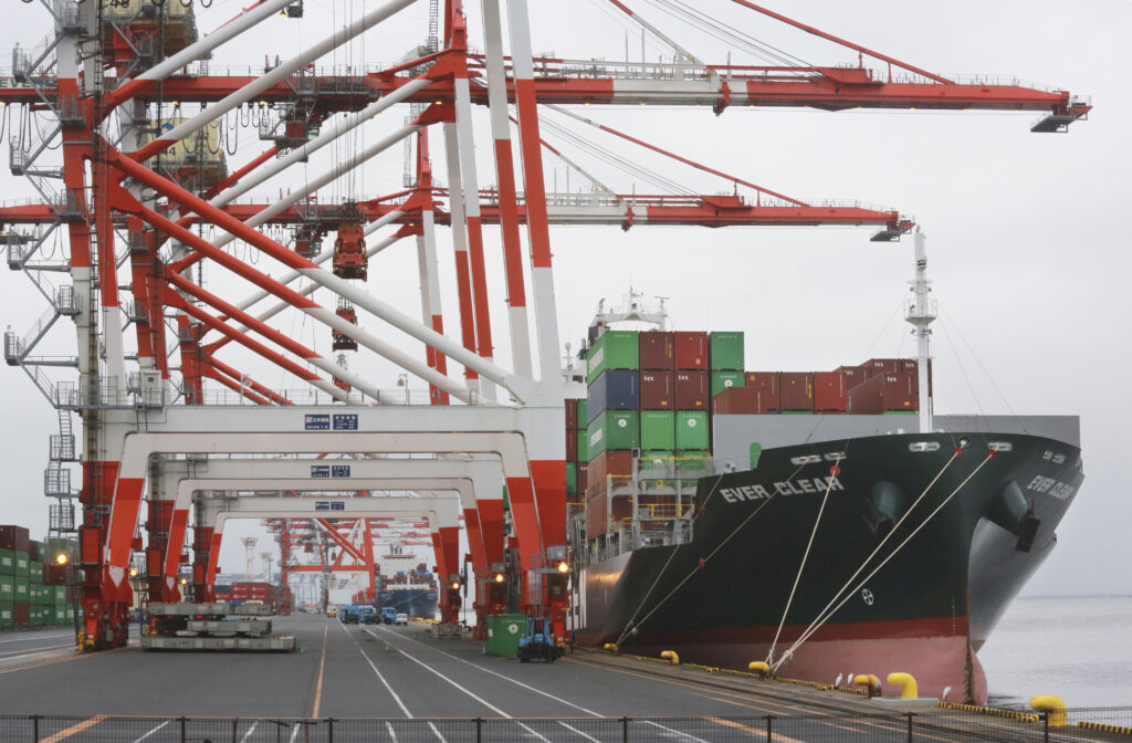A container ship is docked at a port in Tokyo, Oct. 12, 2021. (AP Photo/Koji Sasahara, File)
