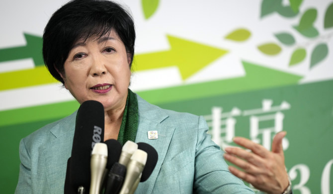 Incumbent Tokyo Gov. KOIKE Yuriko delivers a speech after she was elected for Tokyo's gubernatorial election in Tokyo, Sunday, July 7, 2024. (AP)