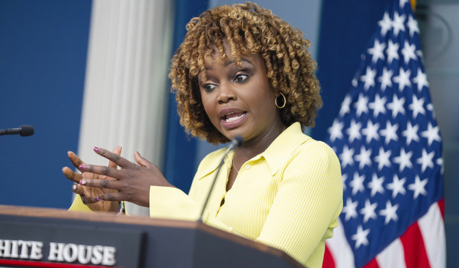 White House press secretary Karine Jean-Pierre speaks during a press briefing at the White House, Tuesday, July 9, 2024, in Washington. (AP)