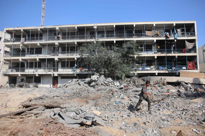 A view of the UN Relief and Works Agency for Palestine Refugees (UNRWA) building complex in western Gaza City's Al-Sinaa neighborhood, destroyed by Israeli bombardment. (AFP)