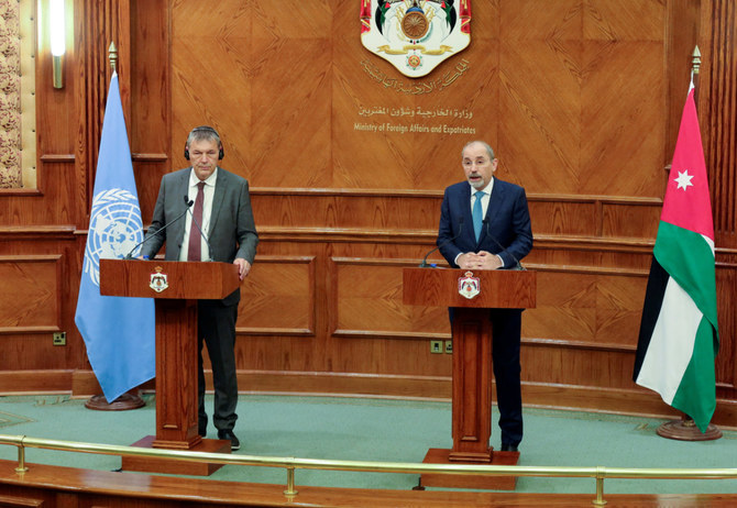 UNRWA Commissioner-General Philippe Lazzarini and Jordan's Foreign Minister Ayman Safadi hold a joint press conference in Amman, Jordan, on July 9, 2024. (REUTERS)