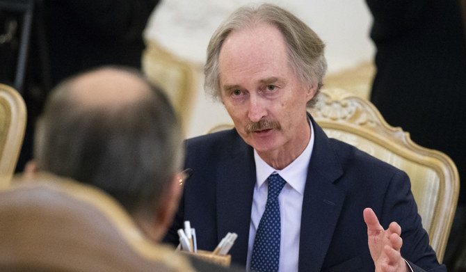 Geir Pedersen, the United Nations' new special envoy for Syria, gestures while speaking to Russian Foreign Minister Sergey Lavrov, back to a camera, during their talks in Moscow, Russia, Monday, Jan. 21, 2019. (AP file photo)