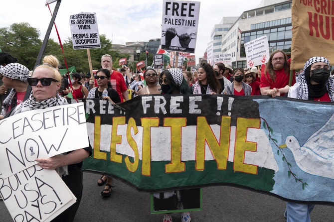Demonstrators protest the visit of Israeli Prime Minister Benjamin Netanyahu on Capitol Hill on July 24, 2024 in Washington. (AP)