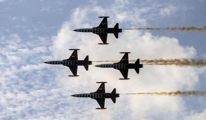 Turkish air forces perform a military parade on the Bosphorus to mark the 100th anniversary of Turkish Republic in Istanbul on October 29,2023. (AFP)