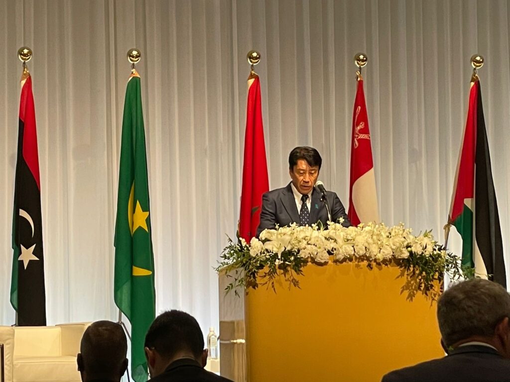Japan’s Minister of Economy, Trade, and Industry SAITO Ken delivers a welcoming speech at the Japan-Arab Economic Forum on July 10.(ANJ) 