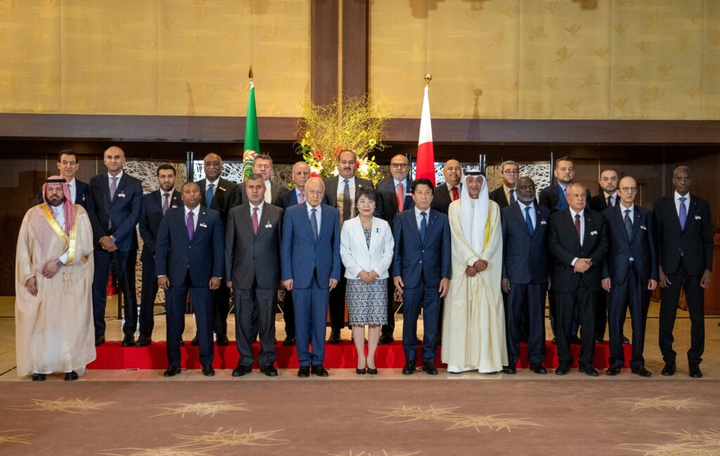Jordan's Minister of Digital Economy and Entrepreneurship Ahmad Hanandeh (front 3rd L), Secretary General of League of Arab States Ahmed Aboul Gheit (front 4th L), Japan's Foreign Minister KAMIKAWA Yoko (front 5th L), and Japan's Economy, Trade and Industry Minister SAITO Ken (front 6th L) pose for a photo following the opening session of the 5th Japan-Arab Economic Forum at Iikura guesthouse in Tokyo on July 11, 2024. (Photo by Kazuhiro NOGI / AFP)