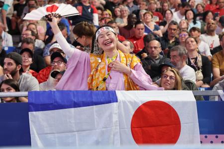 Japanese superfan Kyoko Ishikawa attends the judo competition of the Paris 2024 Olympic Games at the Champ-de-Mars Arena, in Paris on July 27, 2024. (AFP)