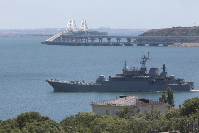 A Russian military landing ship sails not far from Kerch, Crimea, on July 17, 2023. (AP File Photo)