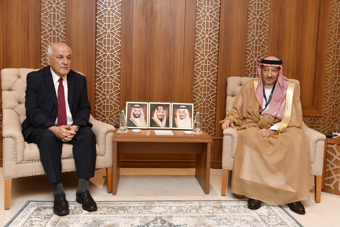 Saudi Deputy Foreign Minister Waleed Al-Khuraiji meets with the Permanent Representative of Palestine to the United Nations Riyad Mansour on Wednesday. (SPA)