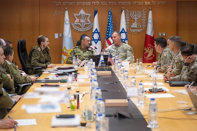 General Michael Kurilla, center right, head of US Central Command, with Israel’s military chief Lt. General Herzi Halevi, center left, in Tel Aviv earlier this week. (Israeli Army/AFP)