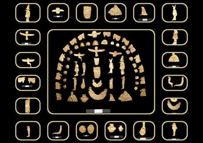 This image provided by Egypt's Supreme Council of Antiquities, shows artifacts which were discovered inside tombs at the Tell al-Deir necropolis, in the Nile Delta town of Damietta, about 125 miles (200 km) north of Cairo, Egypt. (AFP)