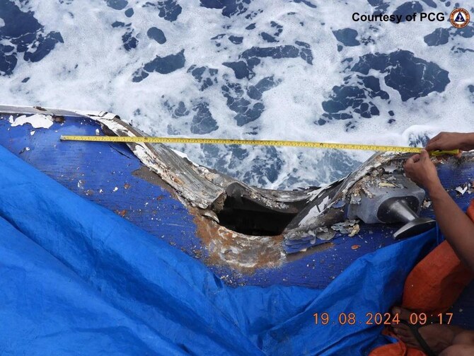 Above, damage to the Philippine Coast Guard ship BRP Cape Engano following a collision with a Chinese coast guard vessel near Sabina Shoal in disputed waters of the South China Sea. (Philippine Coast Guard/AFP)