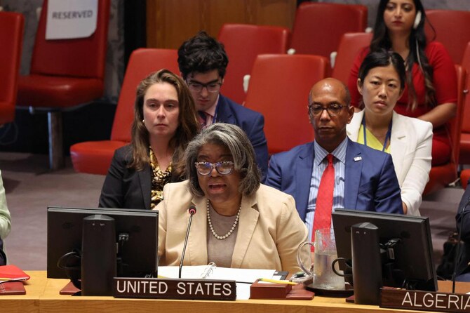 Ambassador Linda Thomas-Greenfield, Representative of the US to the UN, speaks during a UNSC meeting on situation in the Middle East on August 22, 2024 in New York City. (AFP)