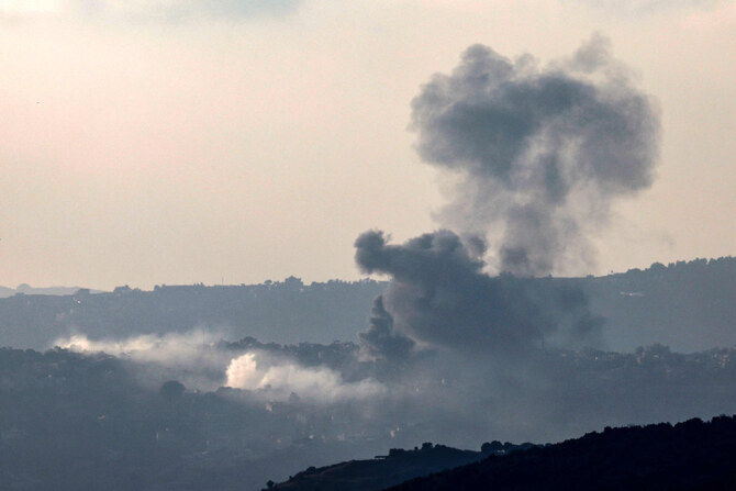 This picture taken from northern Israel shows smoke billowing during an Israeli bombardment that targeted the southern Lebanese village of Khiyam on August 23, 2024. (AFP)
