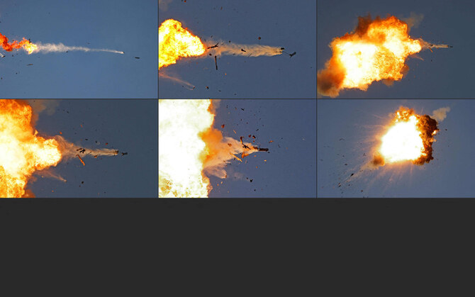 In this combination of pictures created on August 25, 2024, photos taken from a position in northern Israel show a Hezbollah UAV being intercepted by the Israeli air force over northern Israel on August 25, 2024. (AFP)
