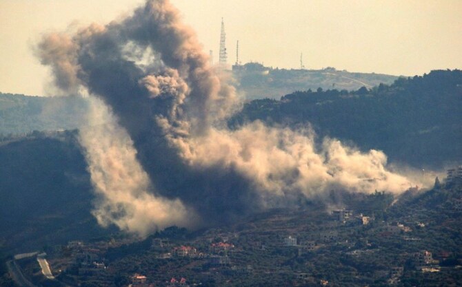 Smoke billows following an Israeli airstrike in the southern Lebanese village of Adaisseh, near the border with Israel, on August 28, 2024. (AFP)