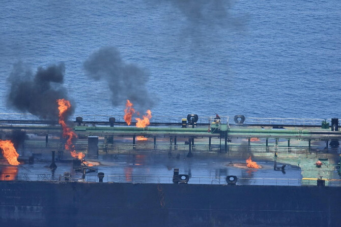 Flames and smoke rise from the Greek-flagged oil tanker Sounion, which has been on fire since August 23, on the Red Sea, August 25, 2024. (Reuters)