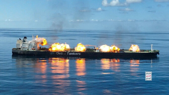 Explosions take place on the deck of the Greek-flagged oil tanker Sounion on the Red Sea, in this handout picture released August 29, 2024. (Houthi Military Media/Handout via REUTERS)