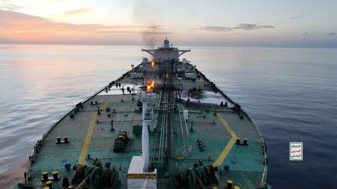 Flames and smoke rise from Greek-flagged oil tanker Sounion on the Red Sea, in this handout picture released August 29, 2024. (Houthi Military Media/Handout via REUTERS)