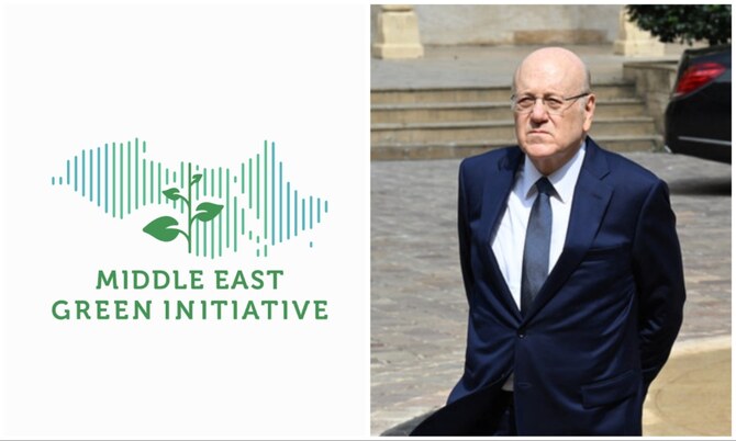 Caretaker Prime Minister Najib Mikati (R) confirmed on Friday that “Lebanon has joined the Green Middle East Initiative (L), launched by Saudi Arabia’s Crown Prince Mohammed bin Salman.” (Supplied/AFP)