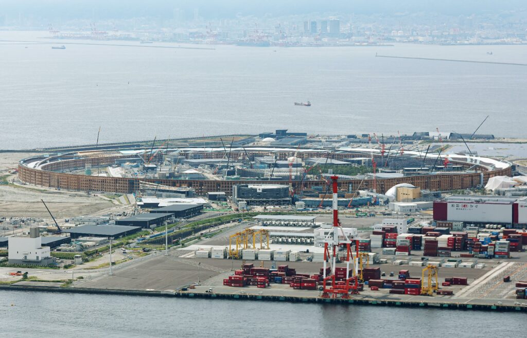 This general view shows ongoing construction at the site for the 2025 Expo on Yumeshima island, an area of reclaimed land in Osaka on August 21, 2024. The 2025 Expo is due to open in April 2025. (AFP)