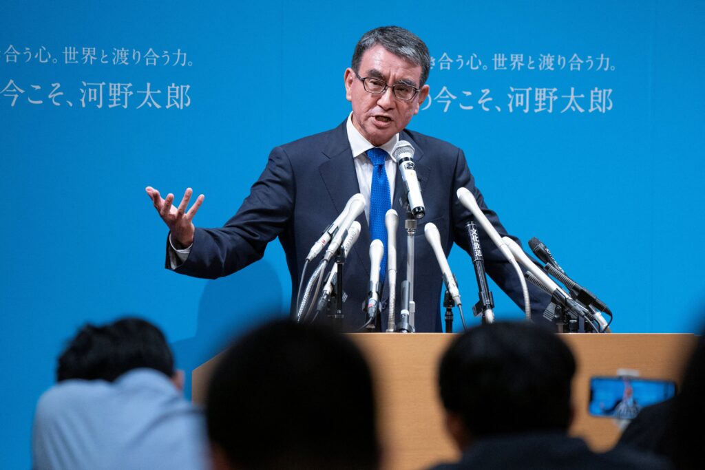 Japan's Digital Minister KONO Taro speaks during a press conference to announce his intention to run in the ruling Liberal Democratic Party's presidential election in Tokyo on August 26, 2024. (AFP)