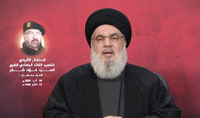 Hezbollah leader Hassan Nasrallah gives a televised address, at a memorial ceremony to mark one week since the killing of Hezbollah senior commander Fuad Shukr, in Beirut’s southern suburbs, in this screenshot taken from a video obtained on Aug. 6, 2024. (Reuters)