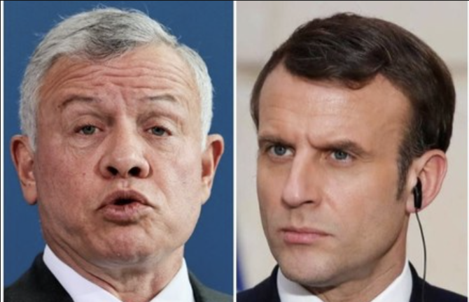 France’s Emmanuel Macron and Jordan’s King Abdullah II on Sunday said a military escalation in the Middle East must be avoided “at all costs” during a telephone call. (Reuters/AFP/File Photos)