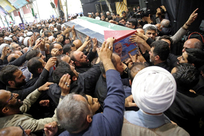 Mourners carry the coffin of Hamas chief Ismail Haniyeh during his funeral ceremony in Tehran on Aug. 1, 2024. (WANA via Reuters)