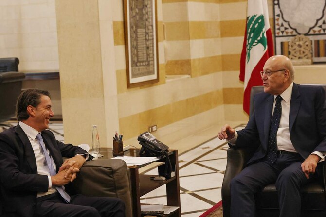 Lebanon’s caretaker Prime Minister Najib Mikati meets with US special envoy Amos Hochstein in Beirut on August 14, 2024. (AFP)