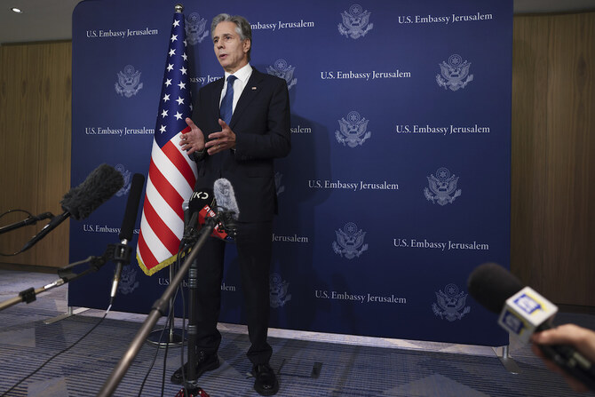 US Secretary of State Antony Blinken speaks to media at the David Kempinski Hotel in Tel Aviv, Israel, Monday, Aug. 19, 2024. (AP)