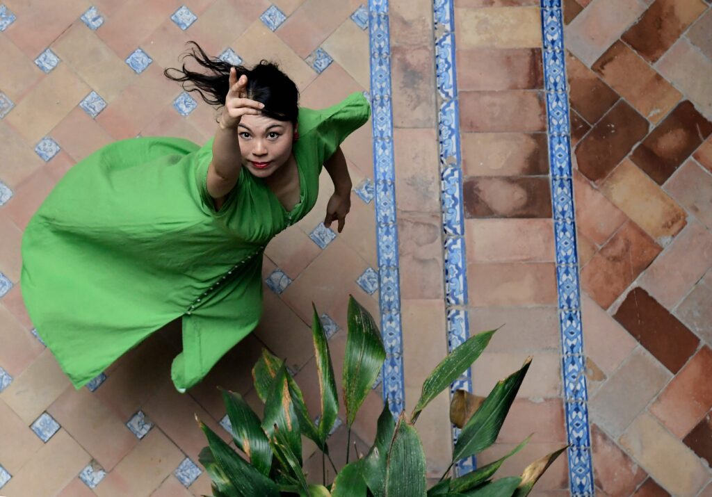 Japan's Junko Hagiwara, also known as La Yunko, poses for pictures at the Instituto Andaluz de Flamenco in Seville, on August 29, 2024. (AFP)