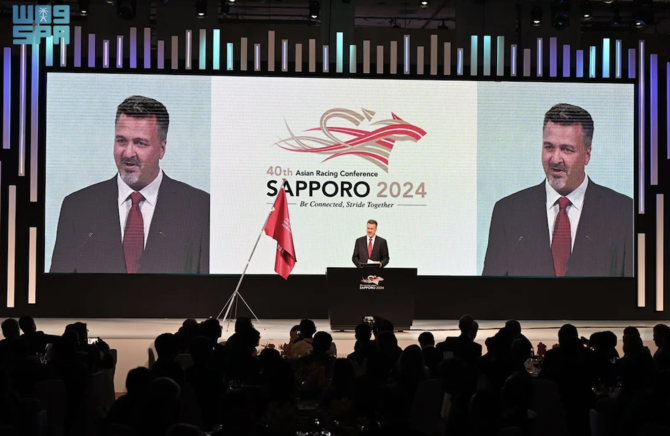 The Jockey Club of Saudi Arabia received the flag from the Japan Racing Association during the 40th conference, which is being held in Sapporo until Sunday. (SPA)