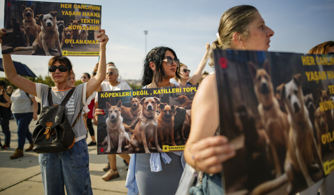 People shout slogans during a protest against a bill approved by Turkish legislators that aims to remove stray dogs off the country's streets, in Istanbul, Turkey, Sunday, Sept. 1, 2024. (AP)