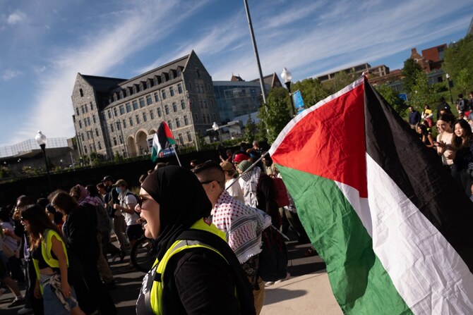 Georgetown students march during an on-campus protest in support of Palestine at Georgetown University on Sept. 4 in Washington, DC. (AFP)