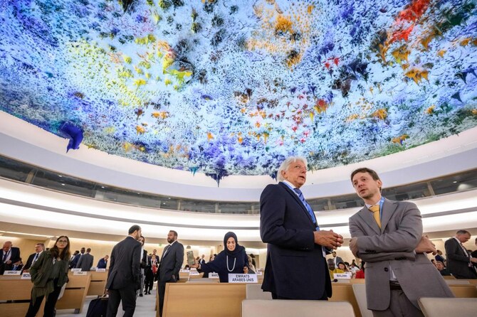 Representatives are seen at the opening of the 57th session of the United Nations Human Rights Council in Geneva, on September 9, 2024. (AFP)