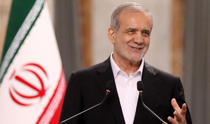 Iranian President Masoud Pezeshkian speaks during a press conference at the government palace in Baghdad, on September 11, 2024. (AFP)