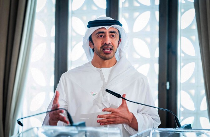 A handout image provided by WAM on March 28, 2022, shows the Emirati Minister of Foreign Affairs Sheikh Abdullah bin Zayed Al Nahyan .(AFP)