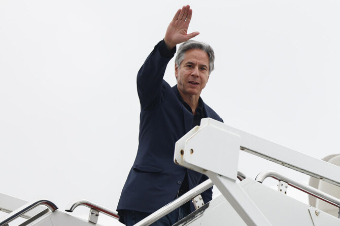 US Secretary of State Antony Blinken waves as he departs for Egypt, at Joint Base Andrews, Maryland, U.S. (AP)