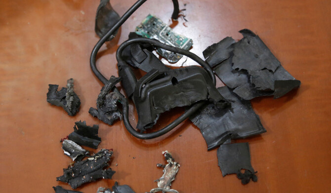 A photo taken on September 18, 2024, in Beirut's southern suburbs shows the remains of exploded pagers on display at an undisclosed location. (AFP)
