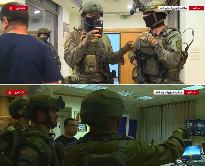 A combination of screen grabs from video posted on X shows Israeli soldiers encroaching into the Al Jazeera TV station/s bureau in Ramallah early on Sunday. (X: @sahouraxo)